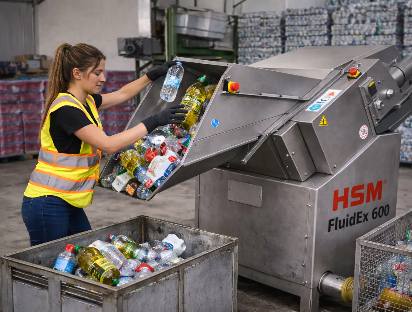 Mujer llenando de botellas y envases de plástico la tolva de una HSM FluidEx para que vacíe su contenido