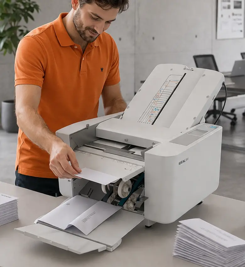 Trabajador de Asturalba plegando cartas
