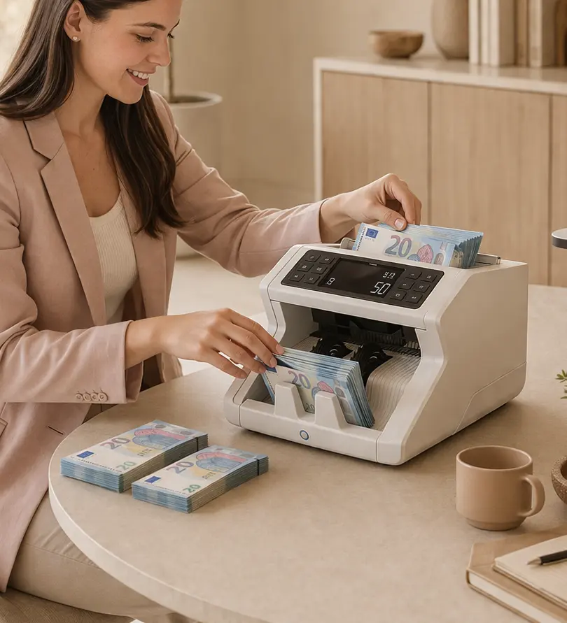 Mujer contando billetes con máquina automática