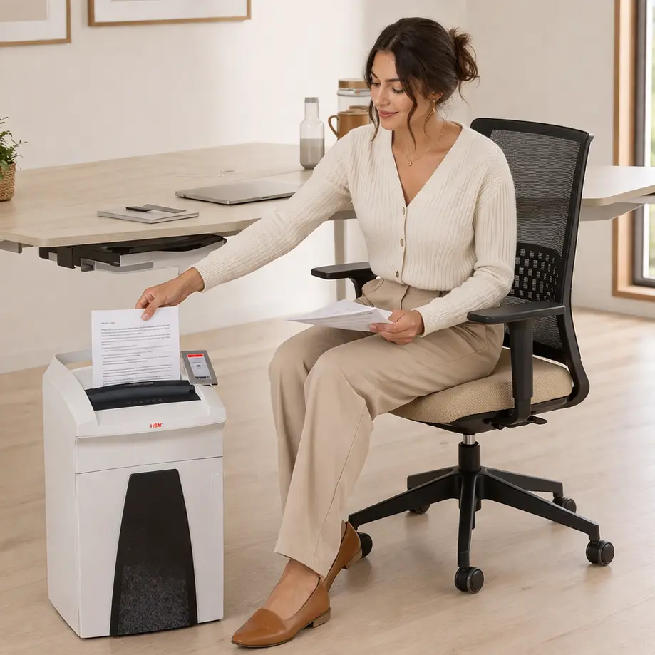 Chica destruyendo documentos en su despacho de diseño