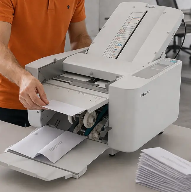 Trabajador de Asturalba plegando cartas