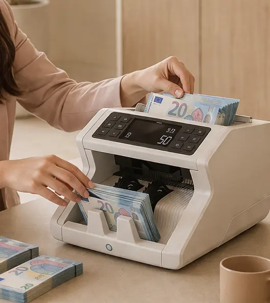 Mujer contando billetes con máquina automática