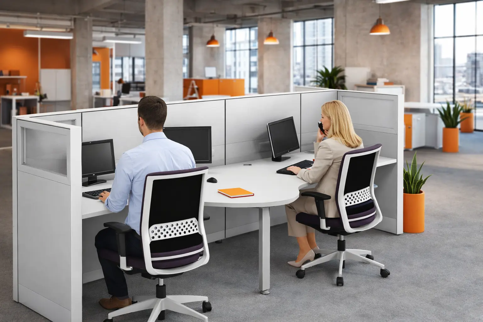 Sistema modular de divisorias para oficina que permite crear espacios completos sin obras. Solución configurable que integra separación, mobiliario y organización del entorno de trabajo.