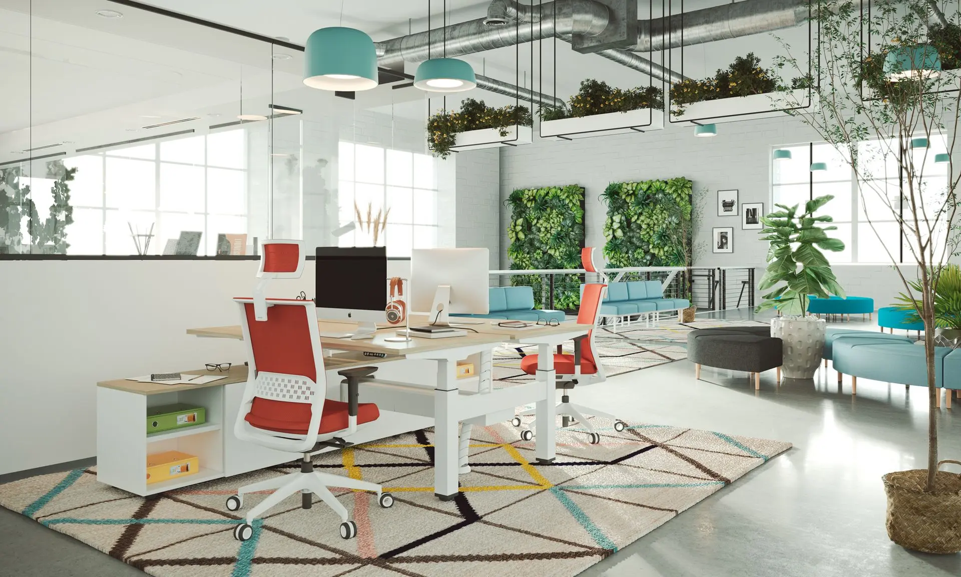 Oficina creativa con bench para trabajar a dos alturas