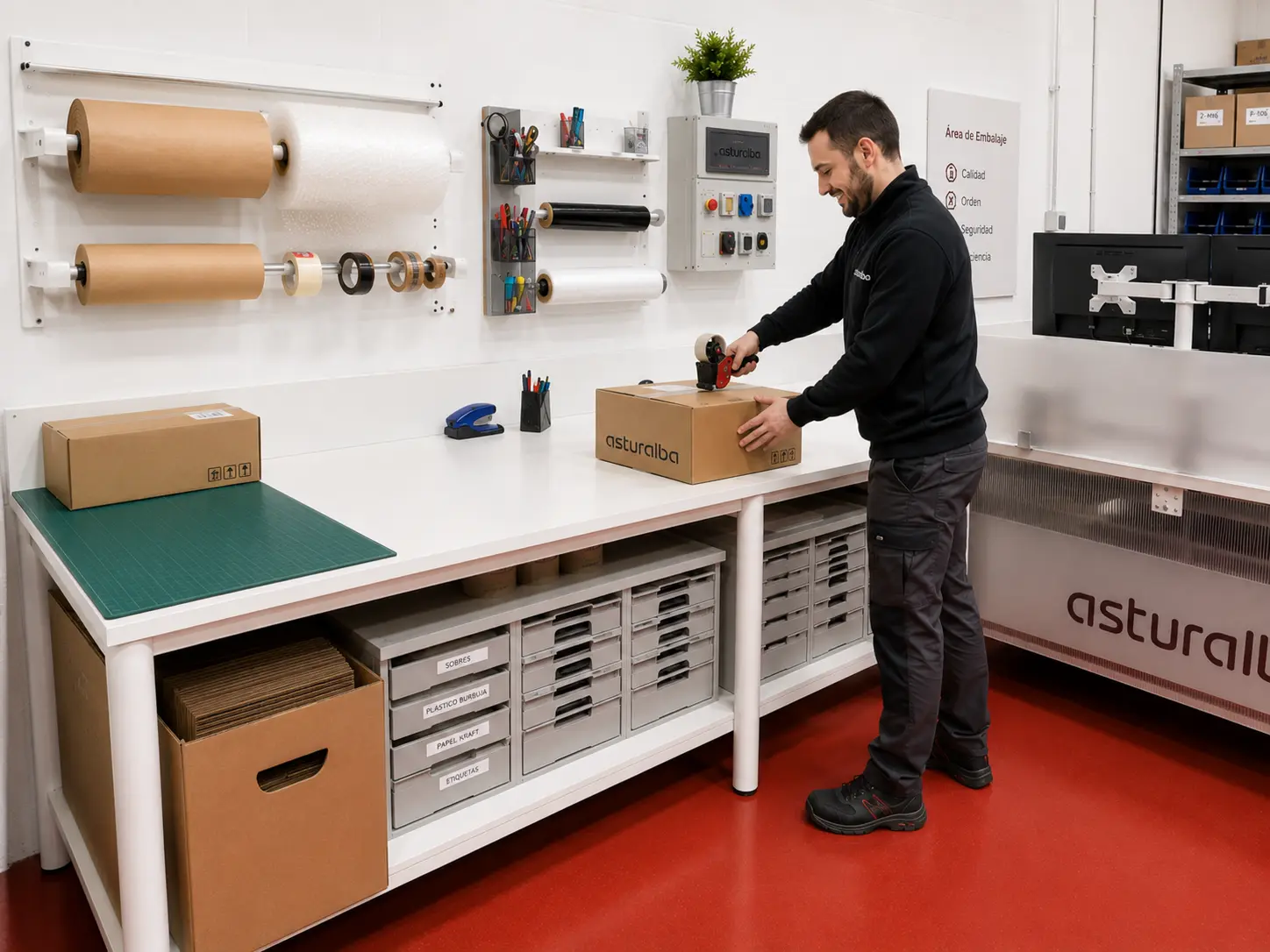 Mesa Cool C300 de Actiu en configuración lineal para almacén ecommerce.