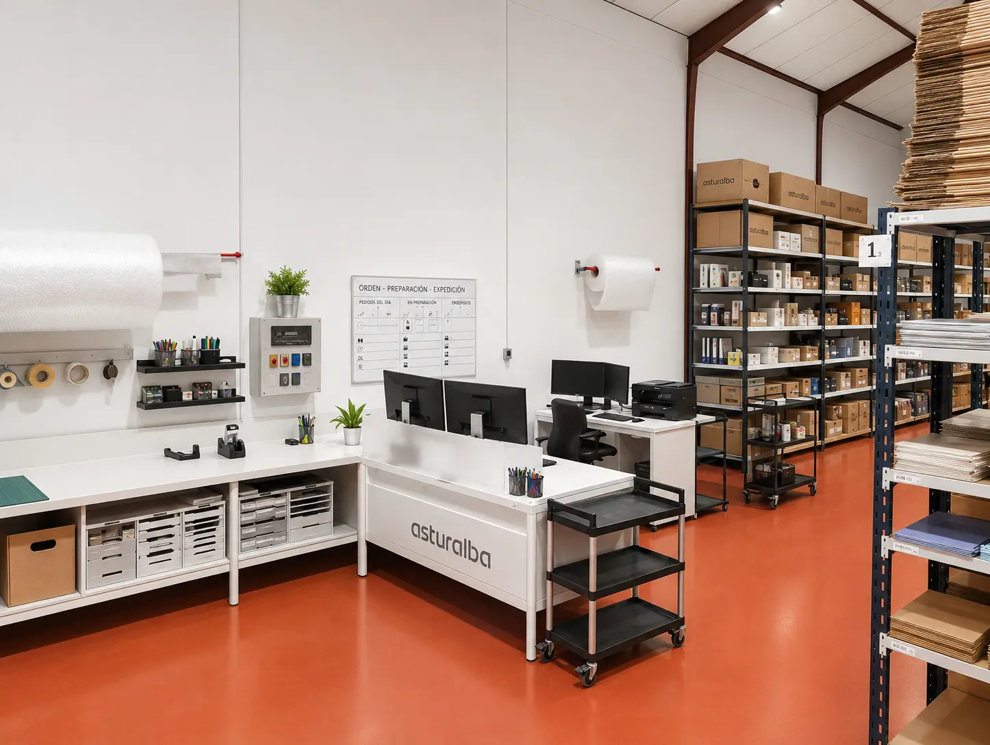 Almacén de Asturalba en Maqua con mobiliario profesional para ecommerce.