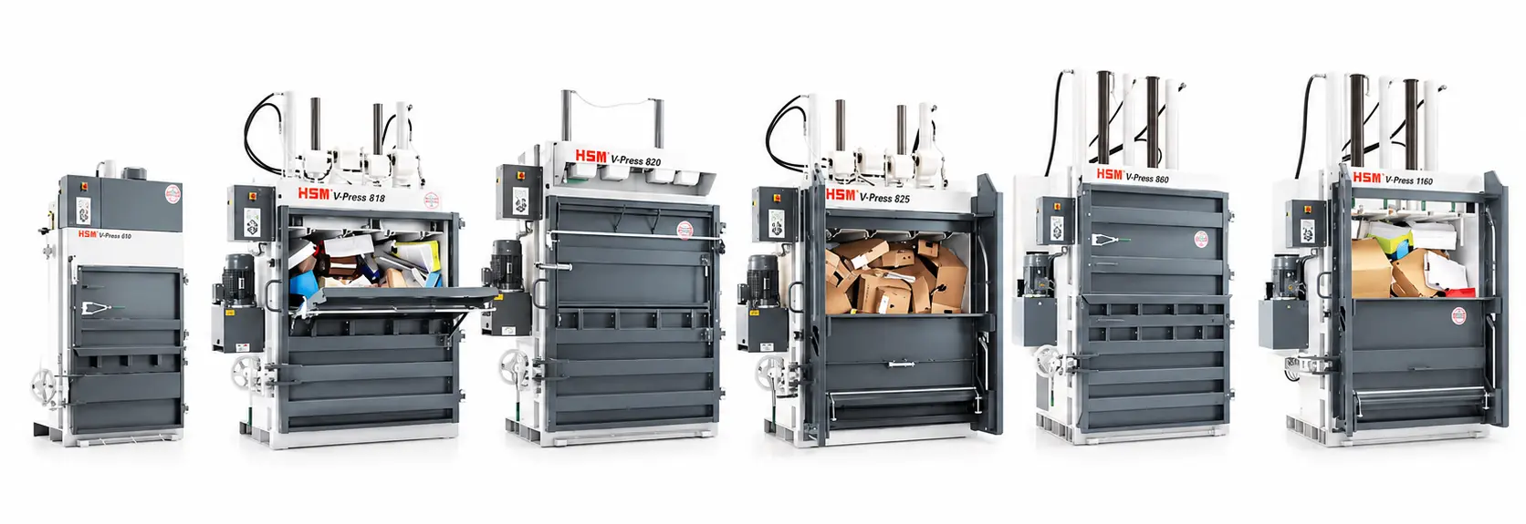 La gama HSM V-Press incluye modelos compactos para bajo volumen y prensas verticales industriales para empresas con una generación de residuos más elevada