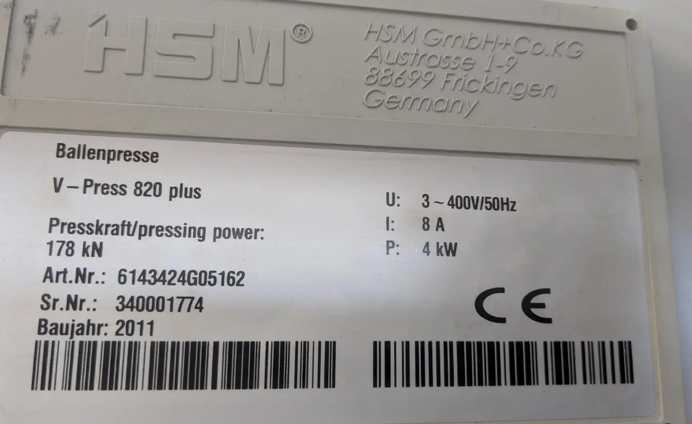 Placa de características HSM V-Press 820 plus, año 2011, 178 kN