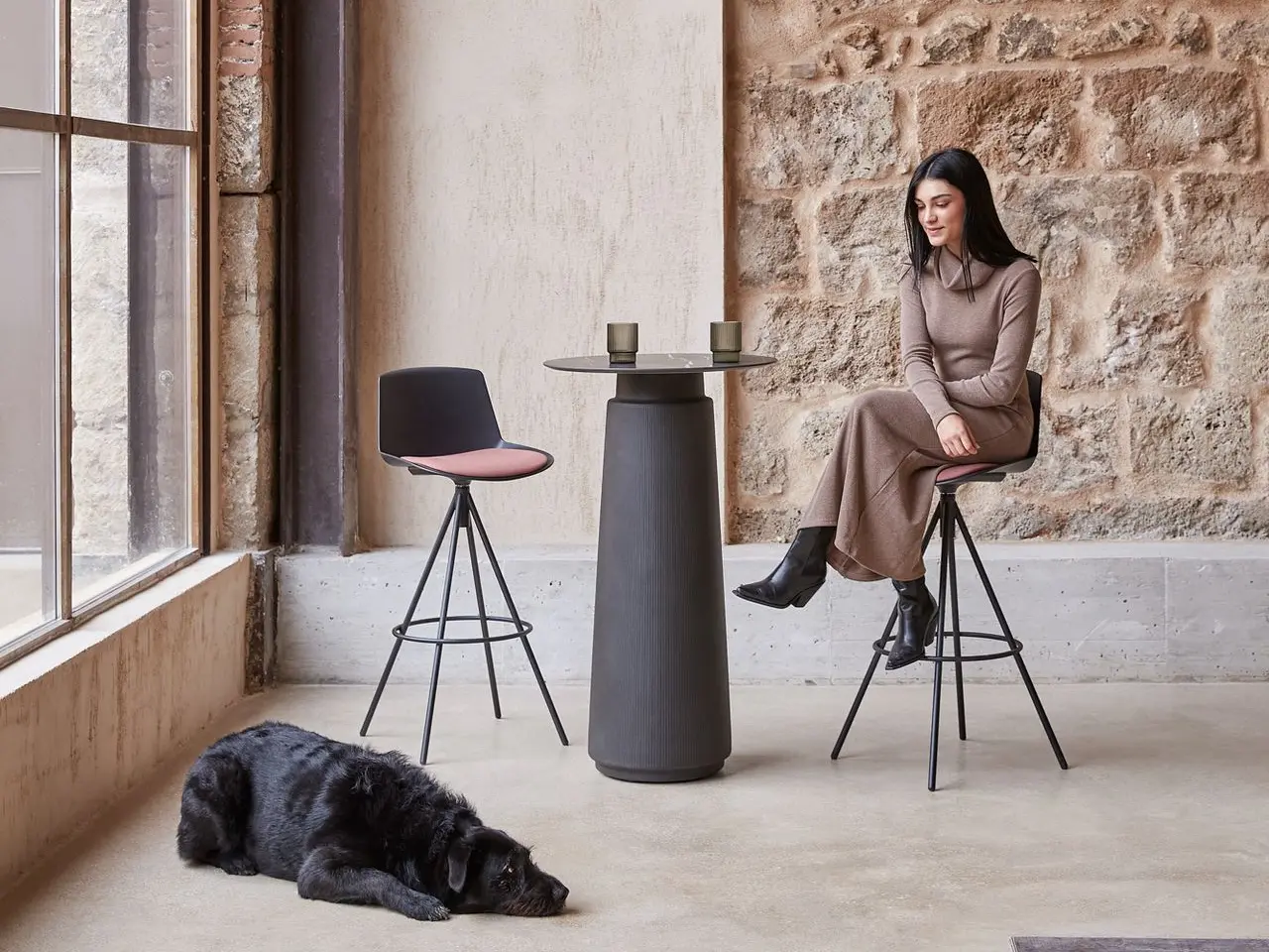 Mujer en taburete y perro junto a mesa Dorik