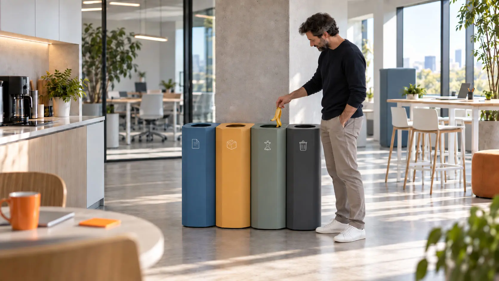 Papeleras de reciclaje de diseño Davos Hombre tirando cáscara de plátano en papelera de reciclaje en su centro de trabajo