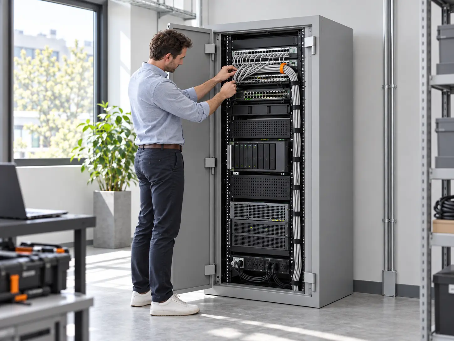 El armario Servi Protect está Técnico informático preparando rack en armario Servi Protect
