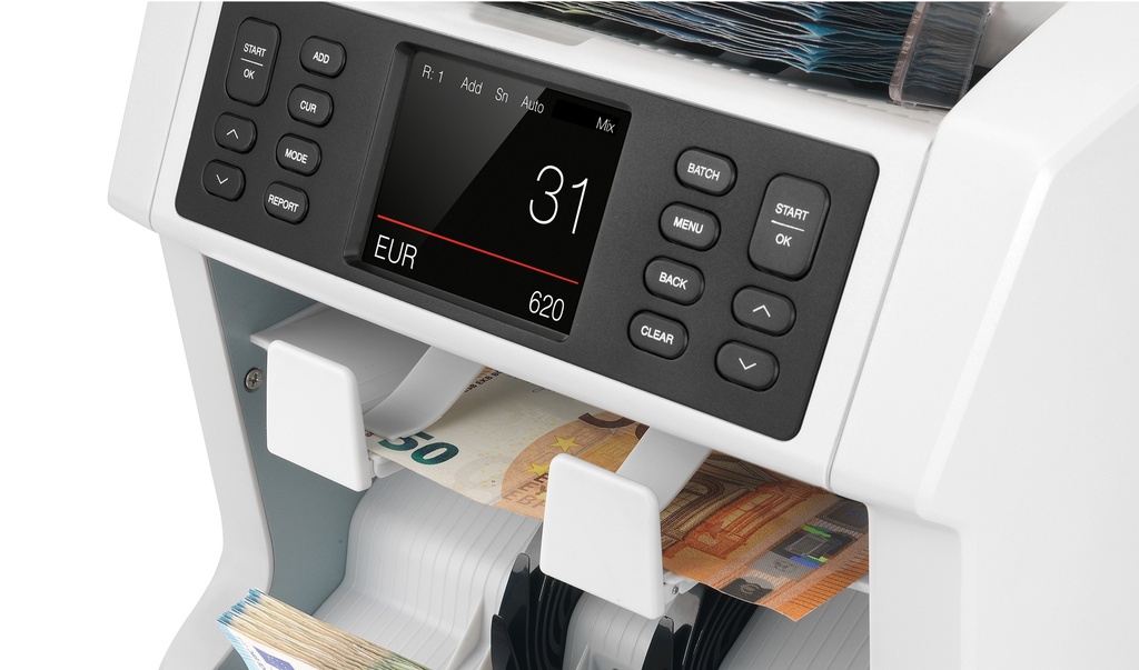 La contadora de billetes Safescan 2985 organiza los billetes por fajos