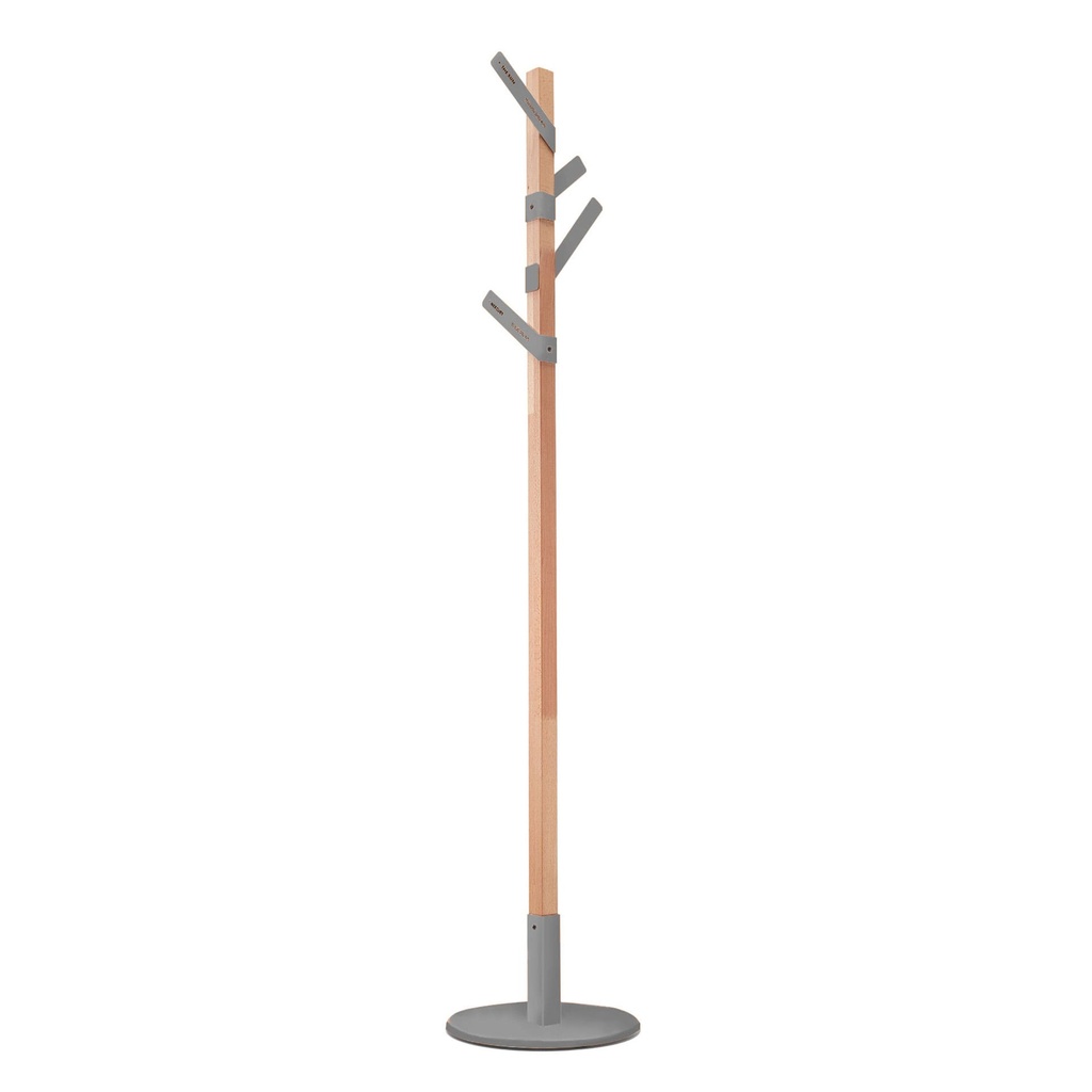 Perchero de diseño Siena con mástil de madera y colgadores de hierro en gris cemento