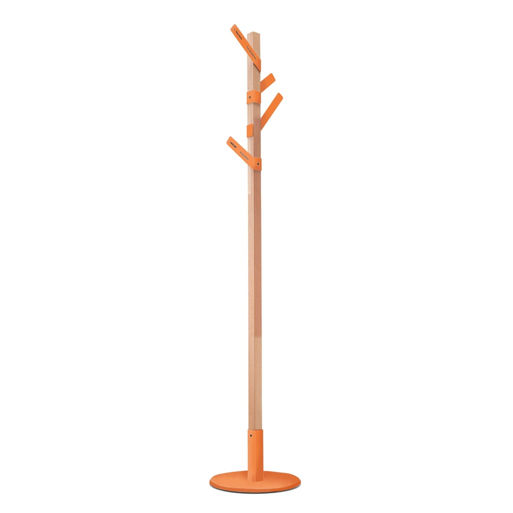 Perchero de diseño Siena con mástil de madera y colgadores de hierro en naranja