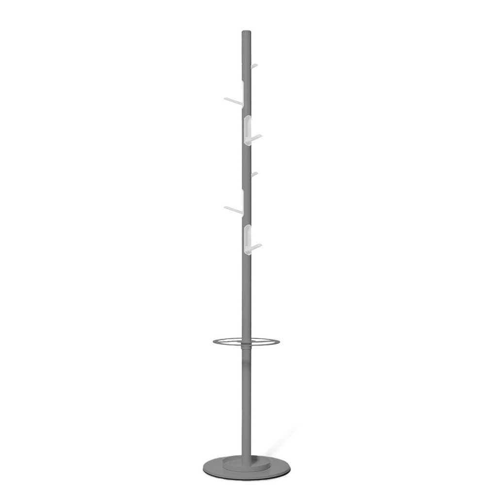 Perchero de diseño Torino gris con aro paragüero y seis colgadores abatibles blancos