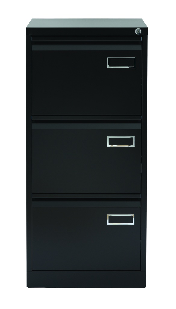 Archivador metálico de tres cajones para archivar carpetas colgantes Bisley PSF en color negro