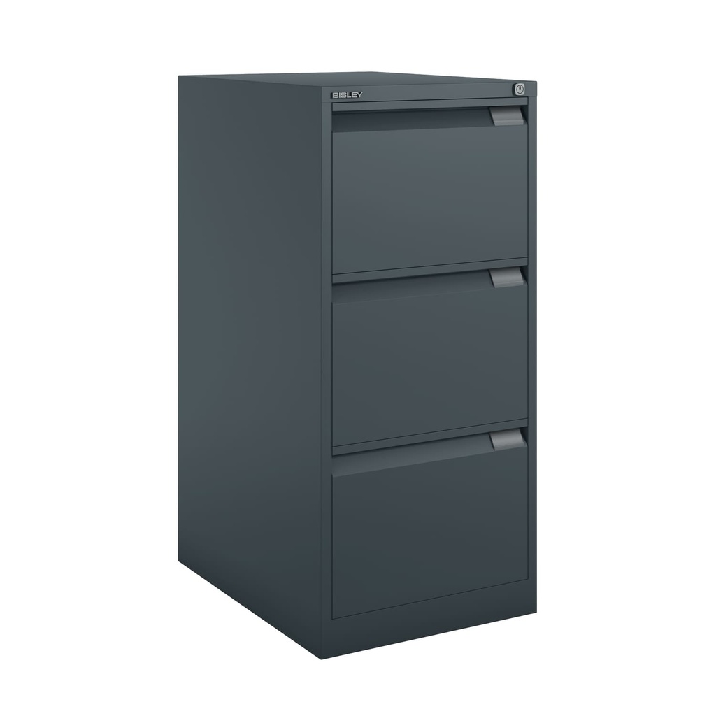 Archivador metálico Bisley BS Premium con tres cajones DIN-A4 para clasificar carpetas colgantes en color gris casi negro