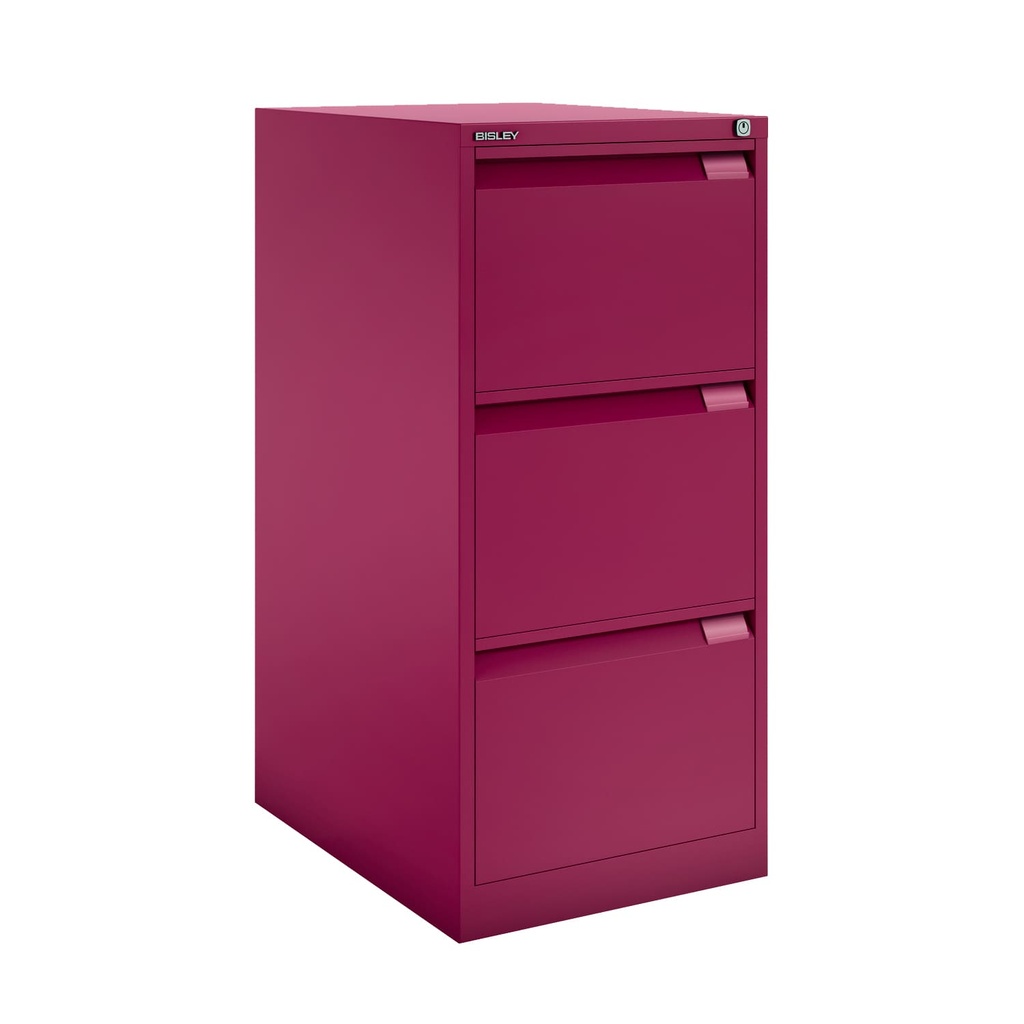 Archivador metálico Bisley BS Premium con tres cajones DIN-A4 para clasificar carpetas colgantes en color rosa fucsia