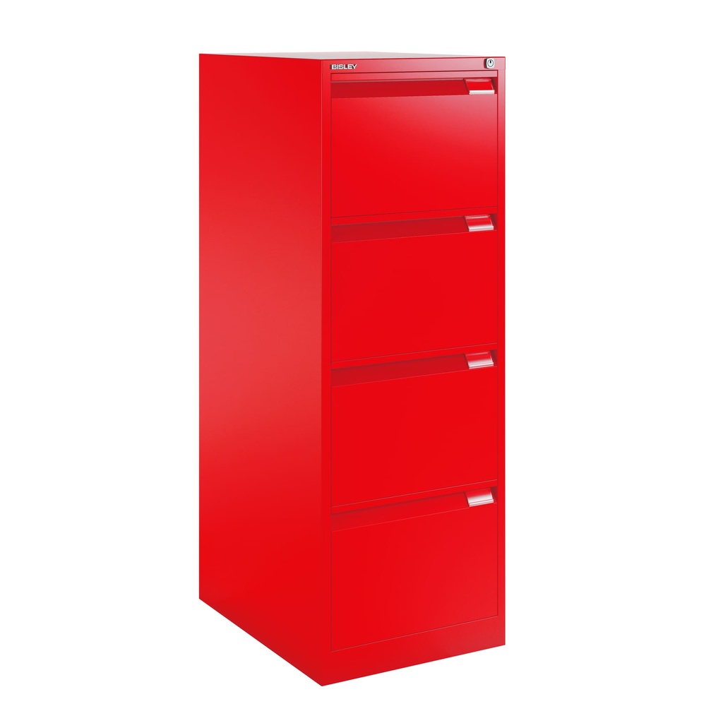 Archivador metálico Bisley BS Premium con cuatro cajones DIN-A4 para clasificar carpetas colgantes en color rojo carmesí