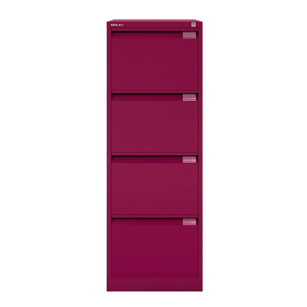Archivador metálico Bisley BS Premium con cuatro cajones DIN-A4 para clasificar carpetas colgantes en color rosa Berry