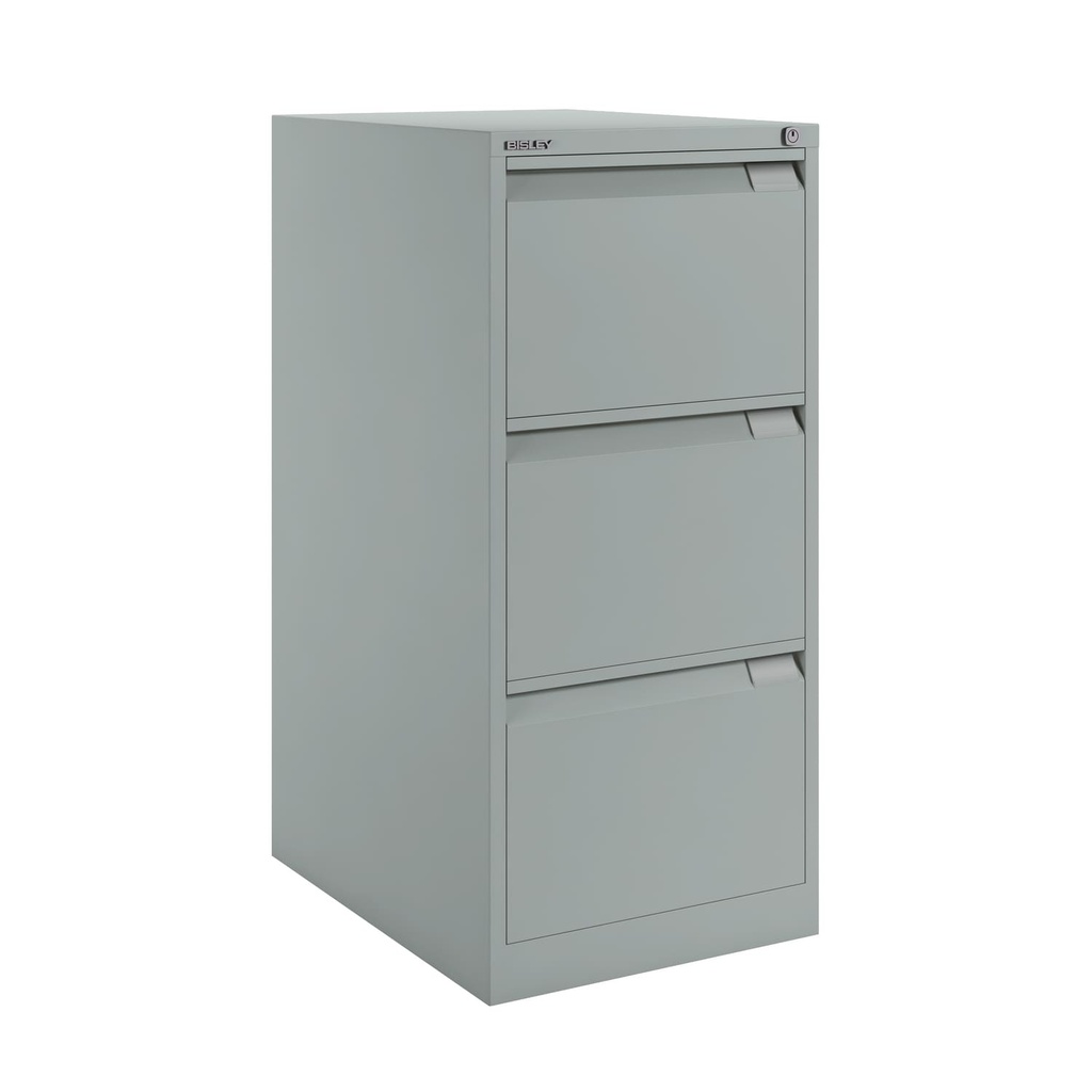 Archivador metálico Bisley BS Premium con tres cajones tamaño folio para clasificar carpetas colgantes en color gris medio