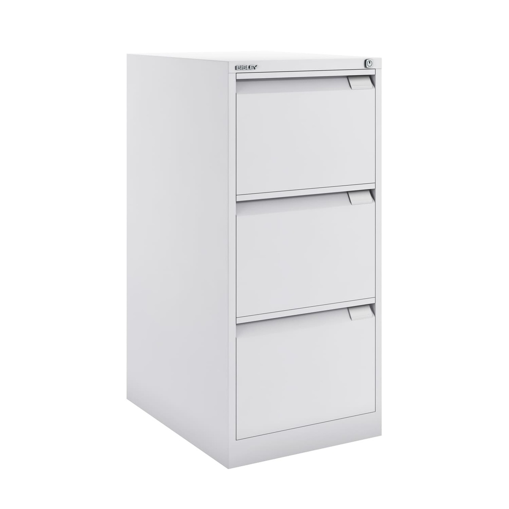 Archivador metálico Bisley BS Premium con tres cajones tamaño folio para clasificar carpetas colgantes en color gris claro