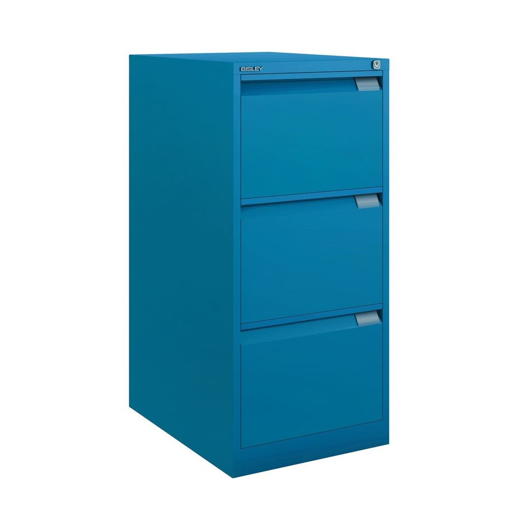 Archivador metálico Bisley BS Premium con tres cajones tamaño folio para clasificar carpetas colgantes en color azul Azure