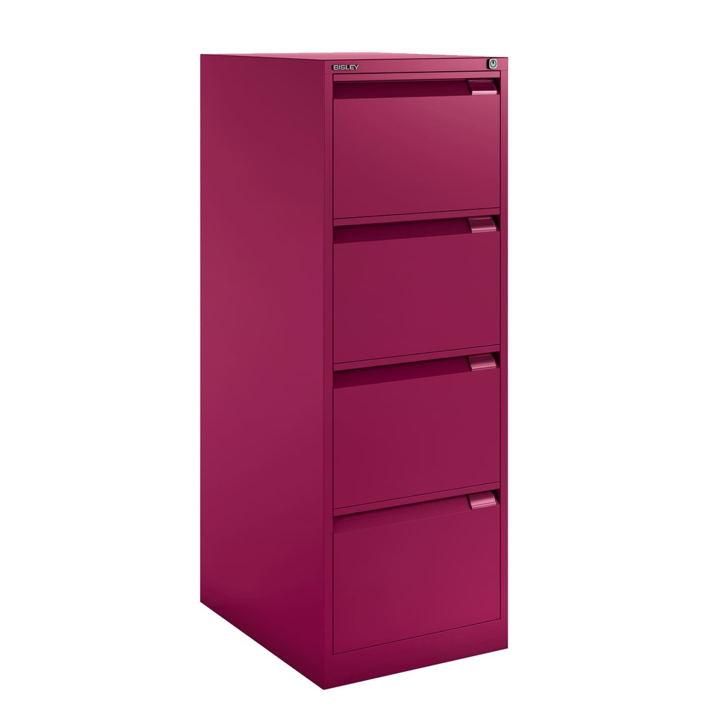 Archivador metálico Bisley BS Premium con cuatro cajones tamaño folio para clasificar carpetas colgantes en color rosa fucsia