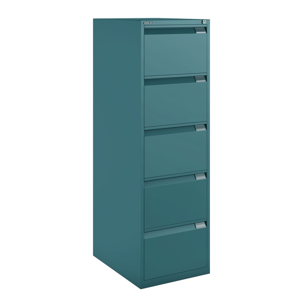 Archivador metálico Bisley BS Premium con cinco cajones tamaño folio para clasificar carpetas colgantes en color azul desaturado