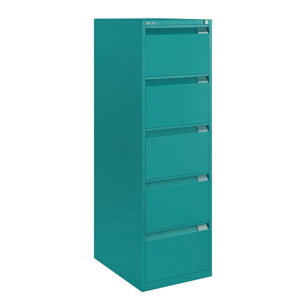 Archivador metálico Bisley BS Premium con cinco cajones tamaño folio para clasificar carpetas colgantes en color verde menta