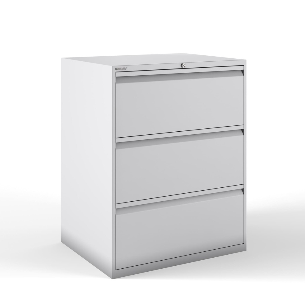Archivador metálico Bisley con tres cajones dobles para clasificar carpetas colgantes DIN-A4 en tres filas pintado en color gris claro