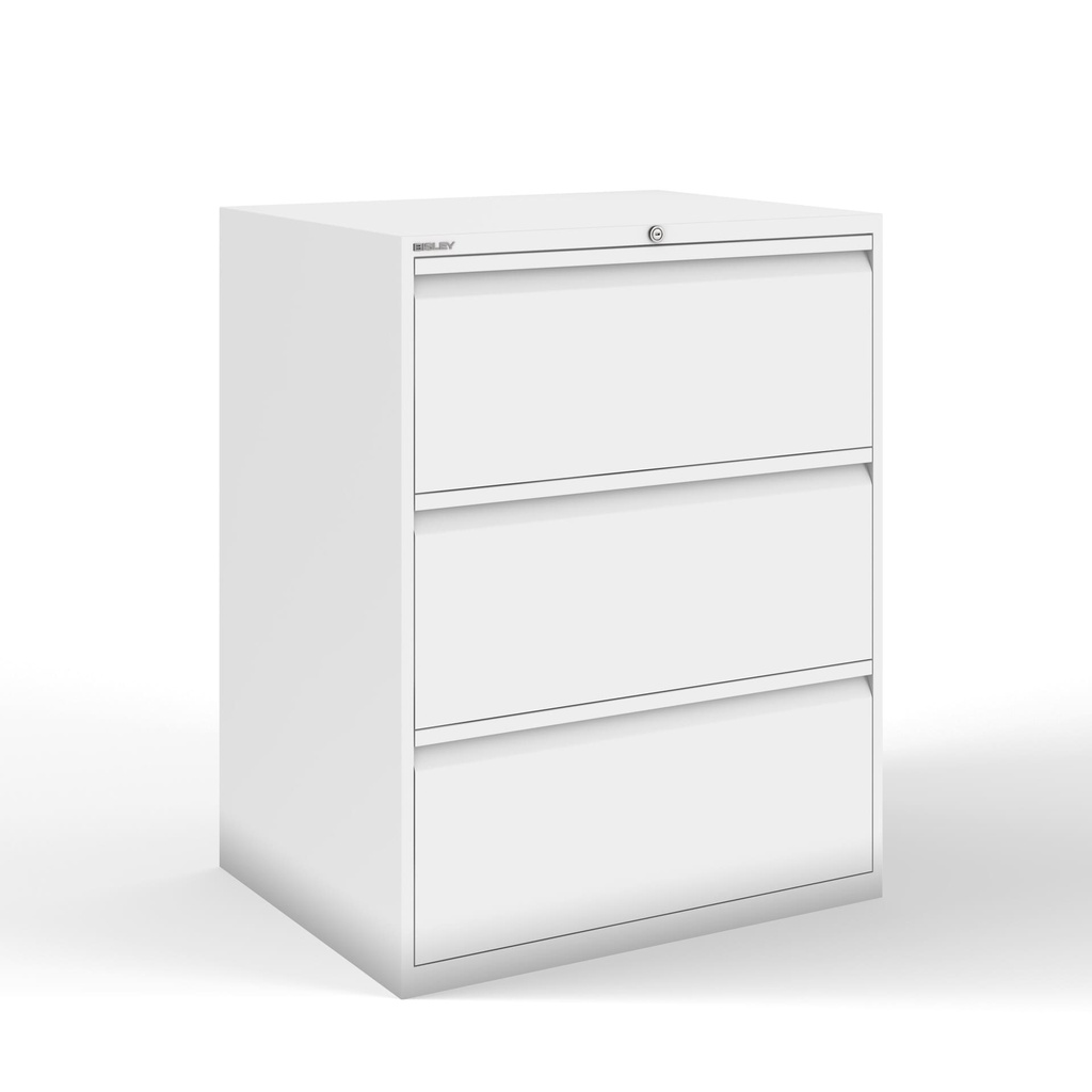 Archivador metálico Bisley con tres cajones dobles para clasificar carpetas colgantes DIN-A4 en tres filas pintado en color blanco roto