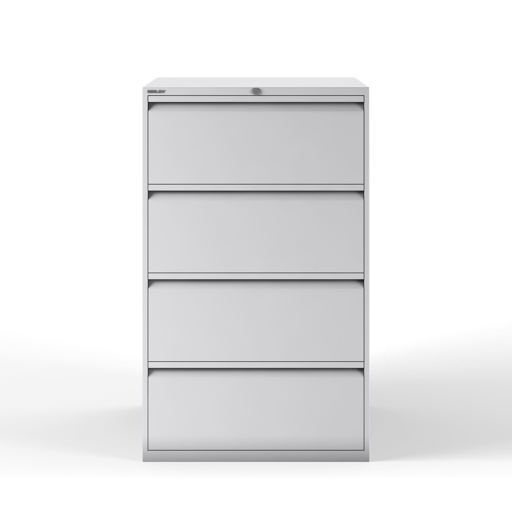 Archivador metálico Bisley con cuatro cajones dobles para clasificar carpetas colgantes DIN-A4 en cuatro filas pintado en color gris claro