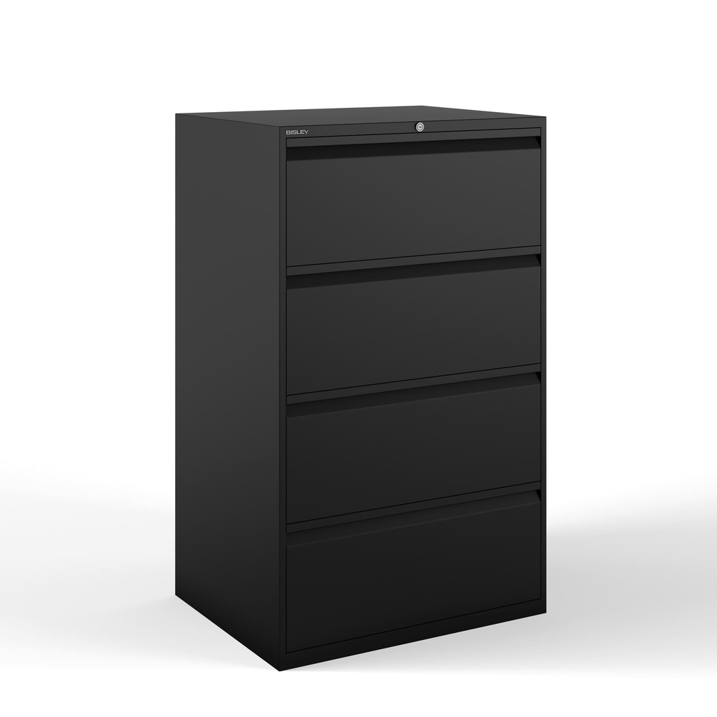 Archivador metálico Bisley con cuatro cajones dobles para clasificar carpetas colgantes DIN-A4 en cuatro filas pintado en color negro
