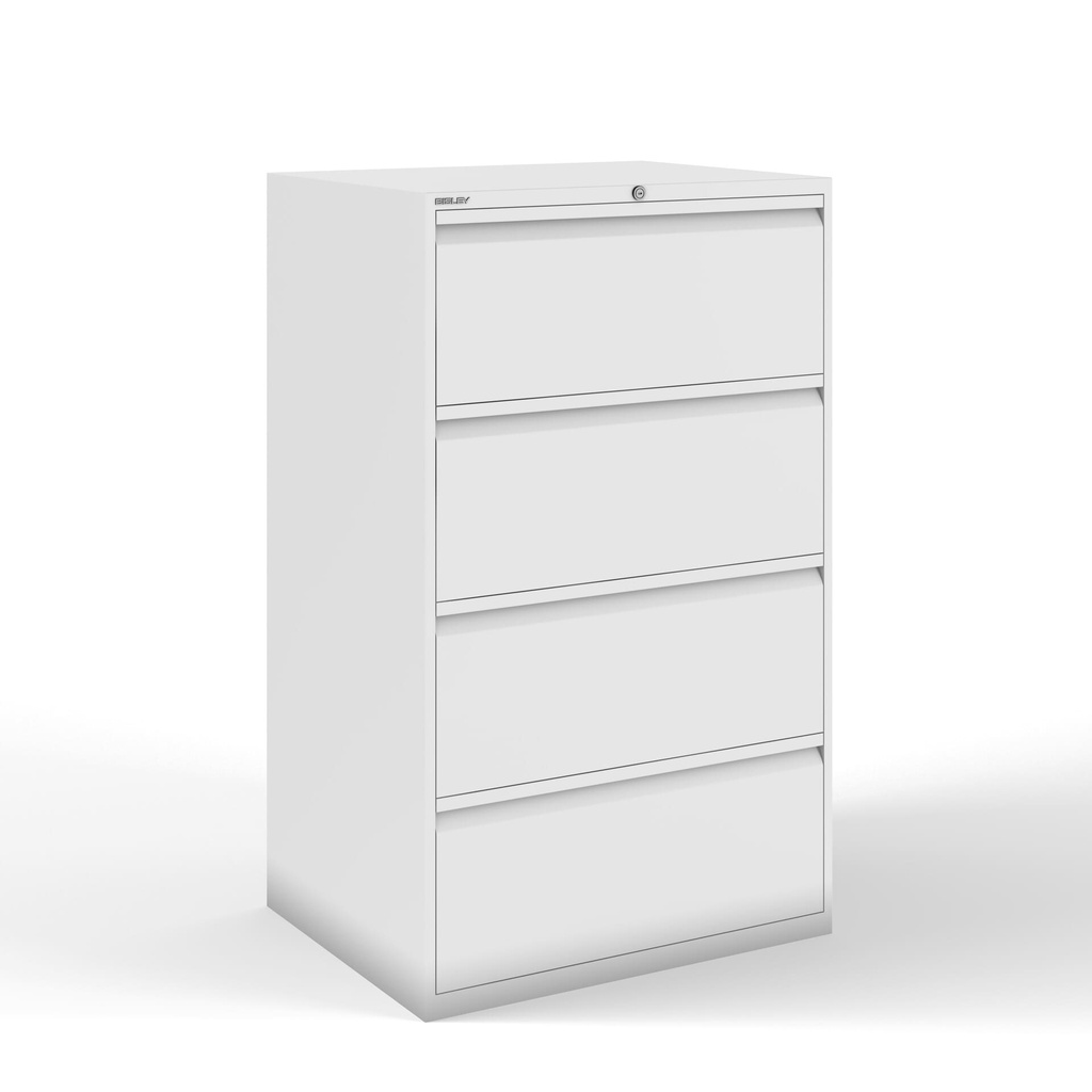 Archivador metálico Bisley con cuatro cajones dobles para clasificar carpetas colgantes DIN-A4 en cuatro filas pintado en color blanco roto