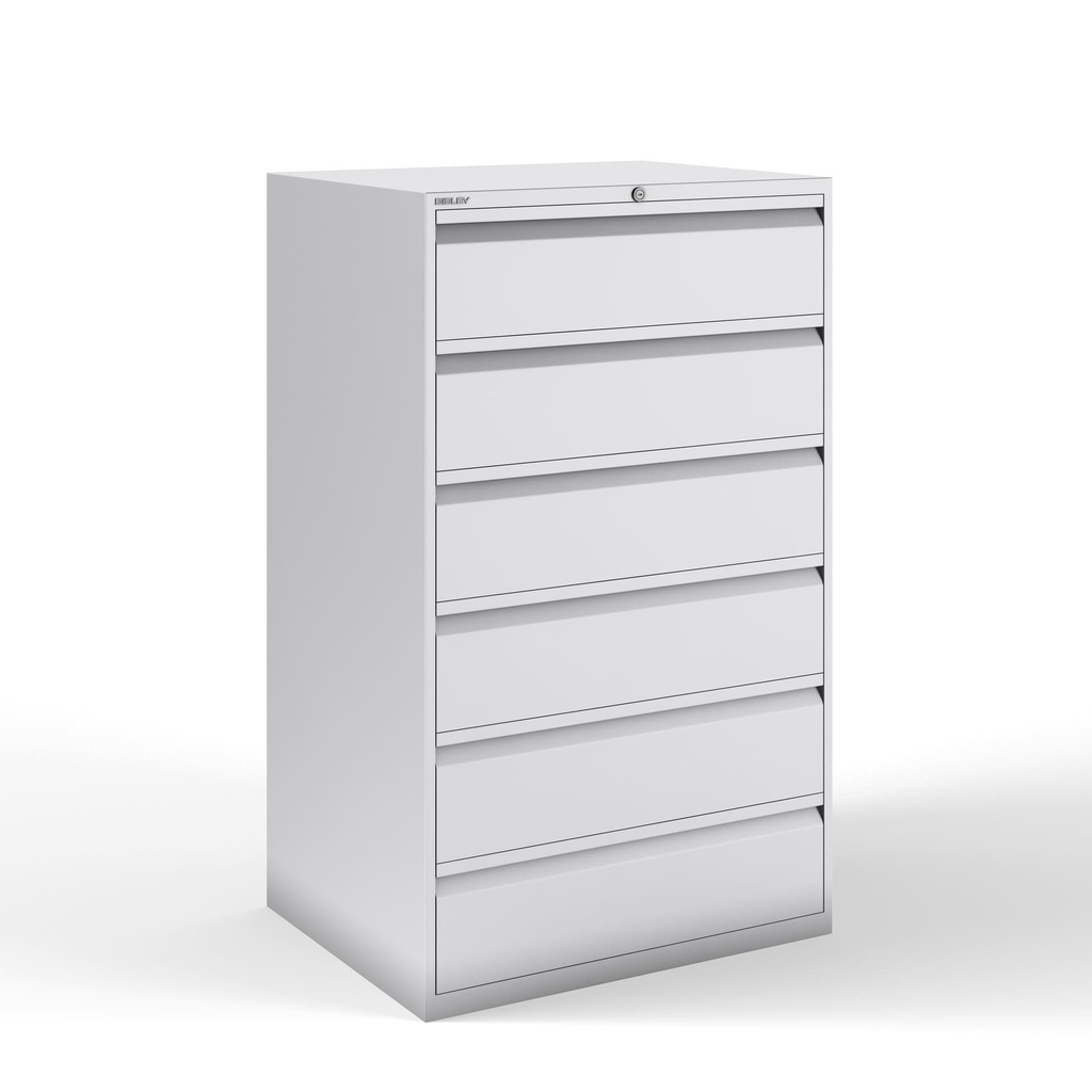 Archivador metálico Bisley con cuatro cajones dobles para clasificar carpetas colgantes DIN-A4 en cuatro filas pintado en color gris claro