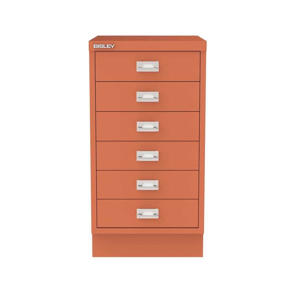 Oficina con archivador multigavetas Bisley 112 en color coral