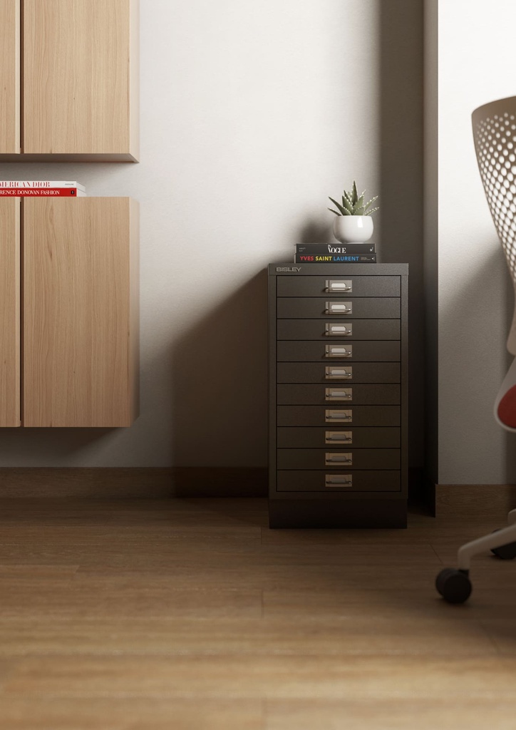 Oficina doméstica con archivador multigavetas Bisley 116 en color gris oscuro