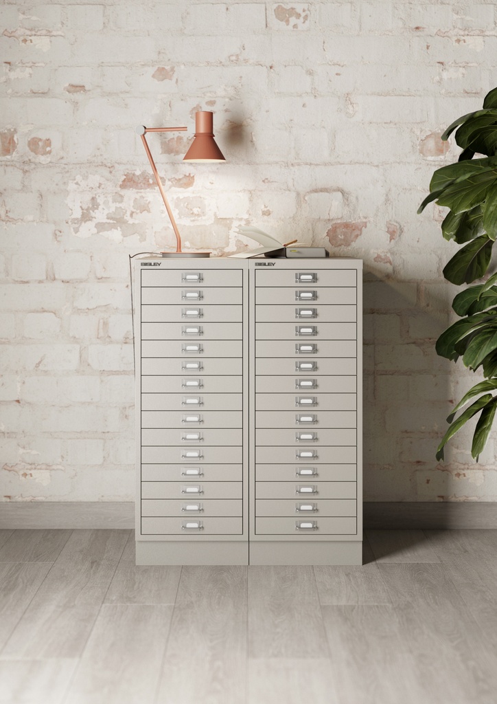 Zona de archivo con cajonera multigavetas Bisley 118 en color gris claro