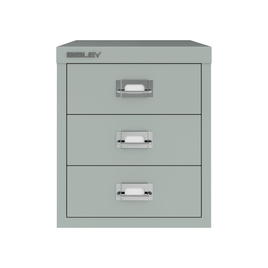 Vista frontal del fichero multicajones Bisley H123NL en color gris plata metalizado