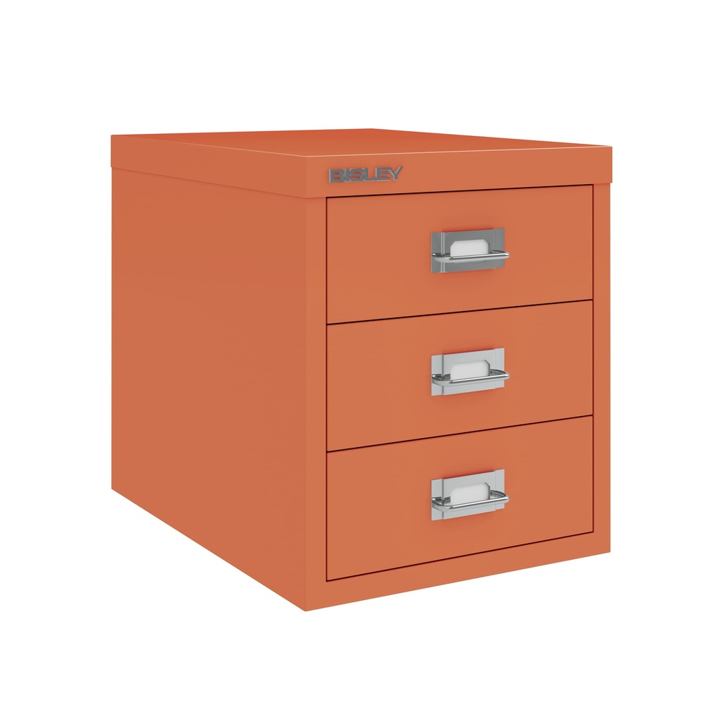 Vista en tres cuartos del fichero multicajones Bisley H123NL en color coral