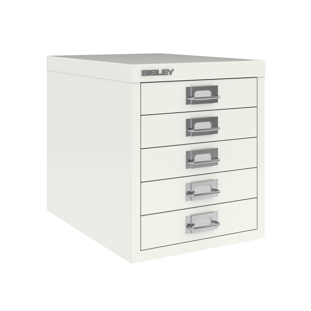 Vista en tres cuartos del fichero multicajones Bisley H125NL en color blanco tiza