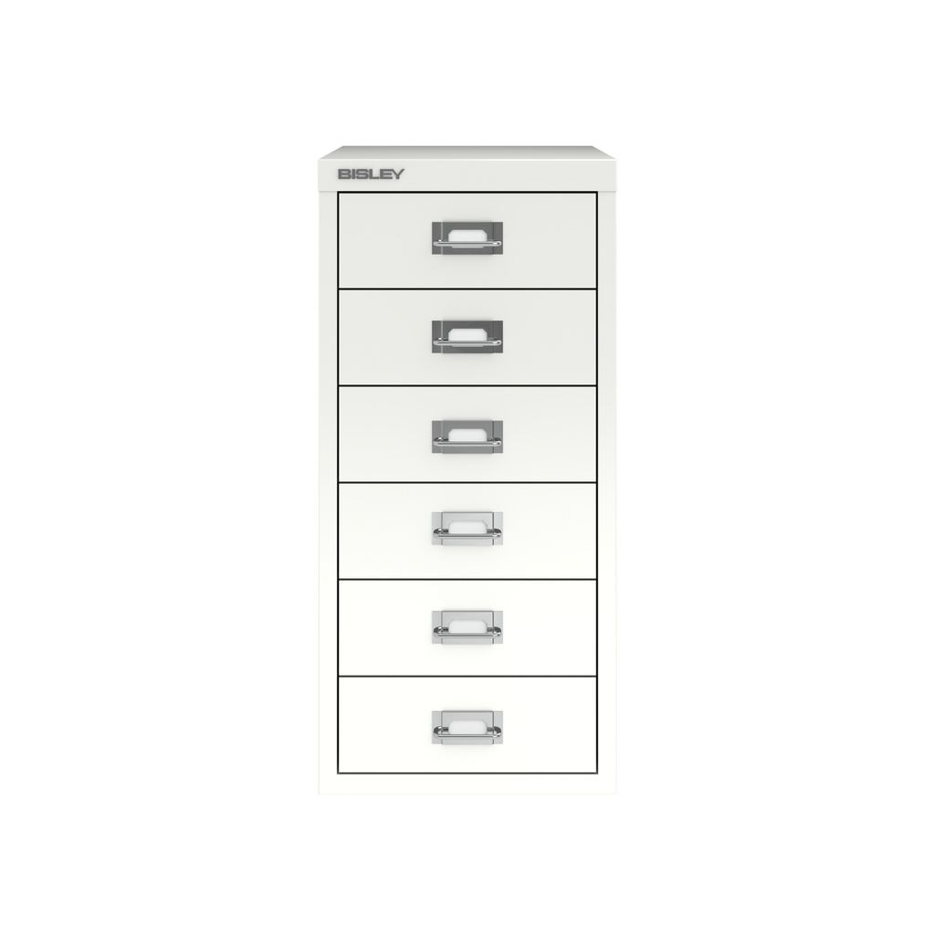 Vista frontal del fichero multicajones Bisley H296NL en color blanco tráfico