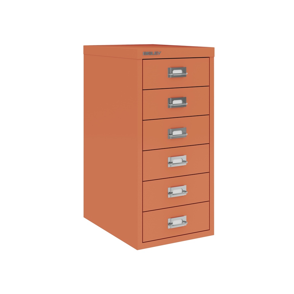 Vista en tres cuartos del fichero multicajones Bisley H296NL en color coral