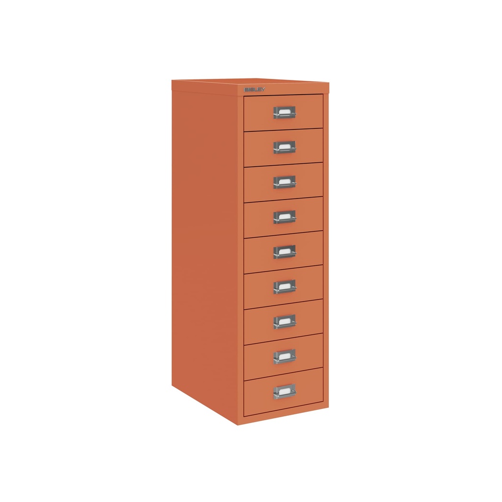 Vista en tres cuartos del fichero multicajones Bisley H399NL en color coral