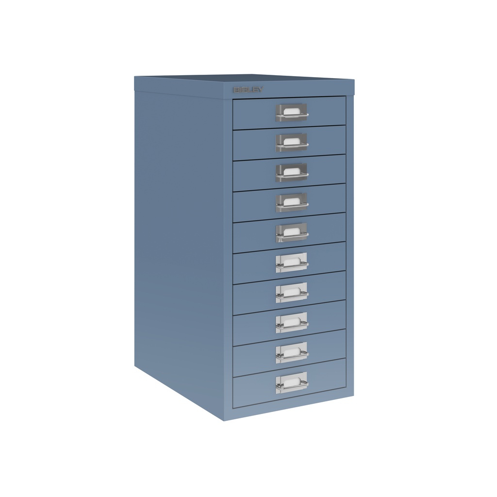 Vista en tres cuartos del fichero multicajones Bisley H2910NL en color azul claro Bisley