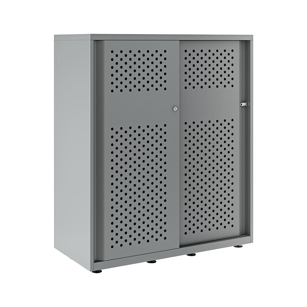 Armario color plata metálico de diseño Bisley Glide con puertas correderas perforadas