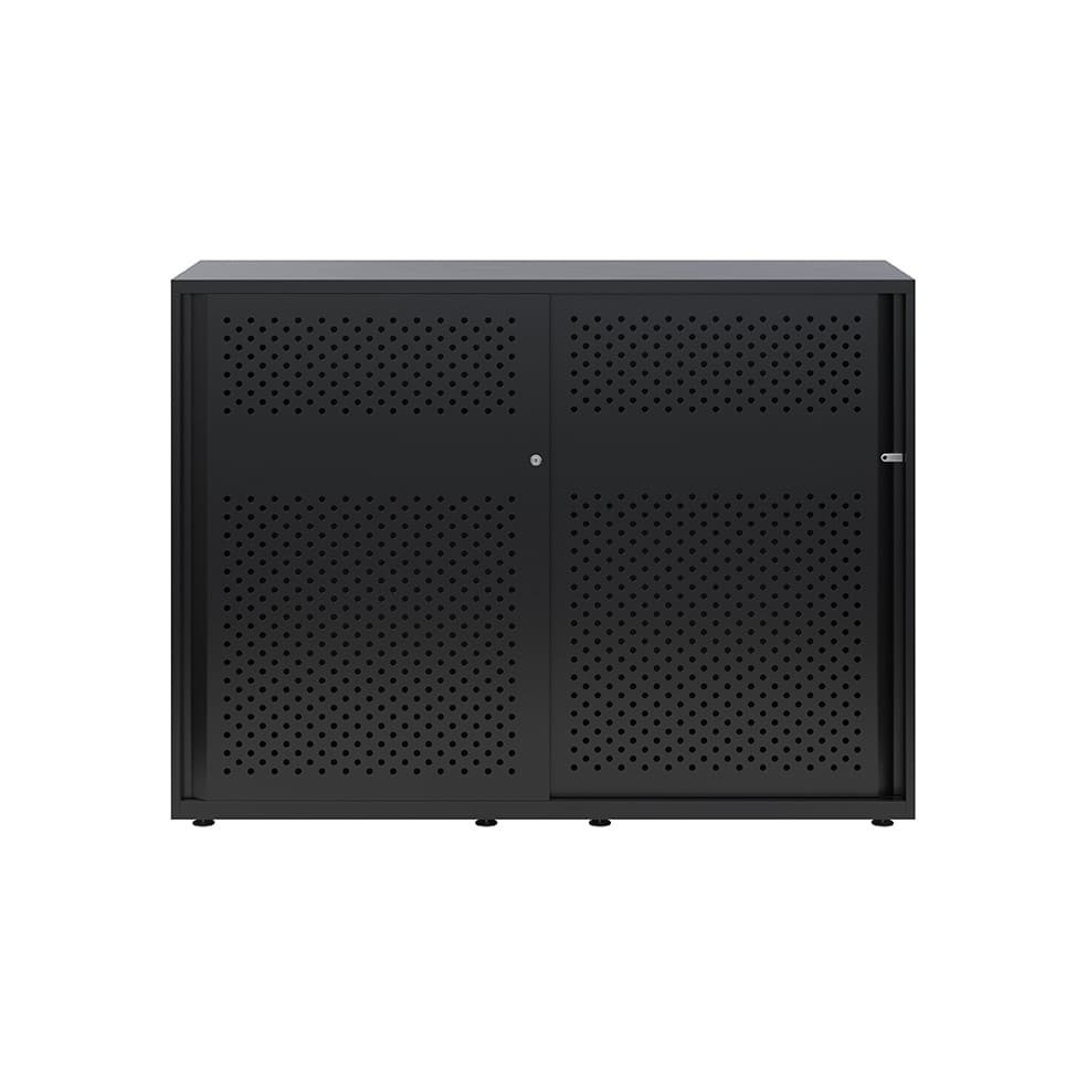Armario color negro metálico de diseño Bisley Glide con puertas correderas perforadas