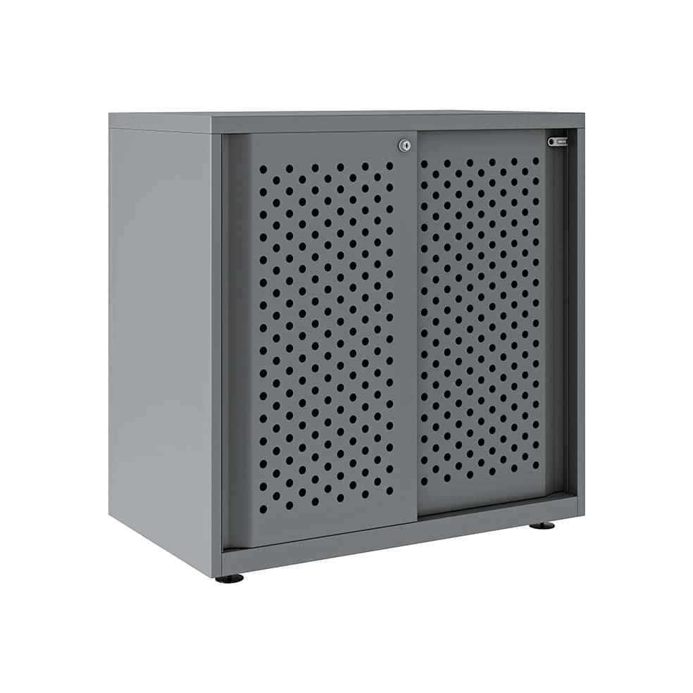 Armario color plata metálico de diseño Bisley Glide con puertas correderas perforadas