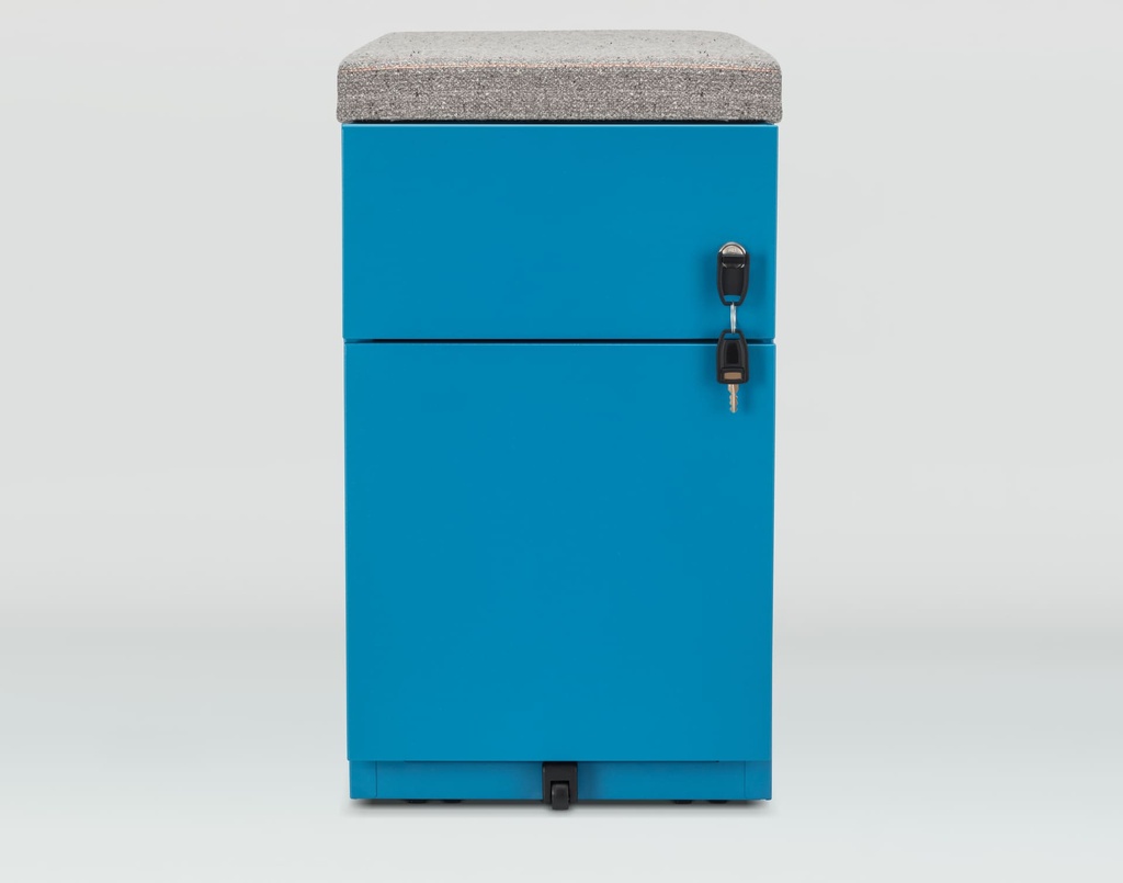 Cajonera móvil Bisley Note con 1 cajón personal y 1 de archivo en color azul con encimera tapizada y llaves